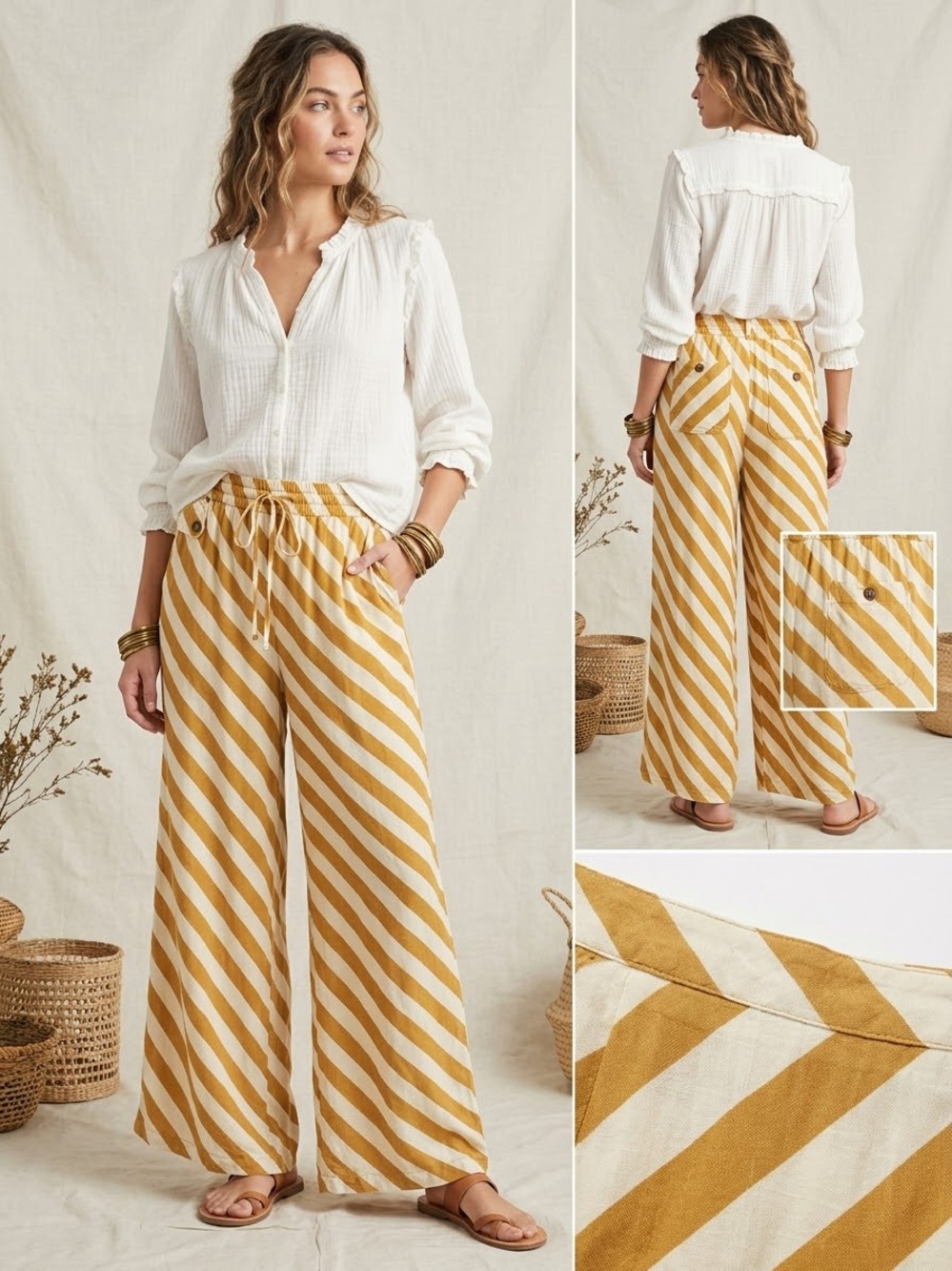 Anthropologie Mustard & White Diagonal-Stripe Wide-Leg Pants